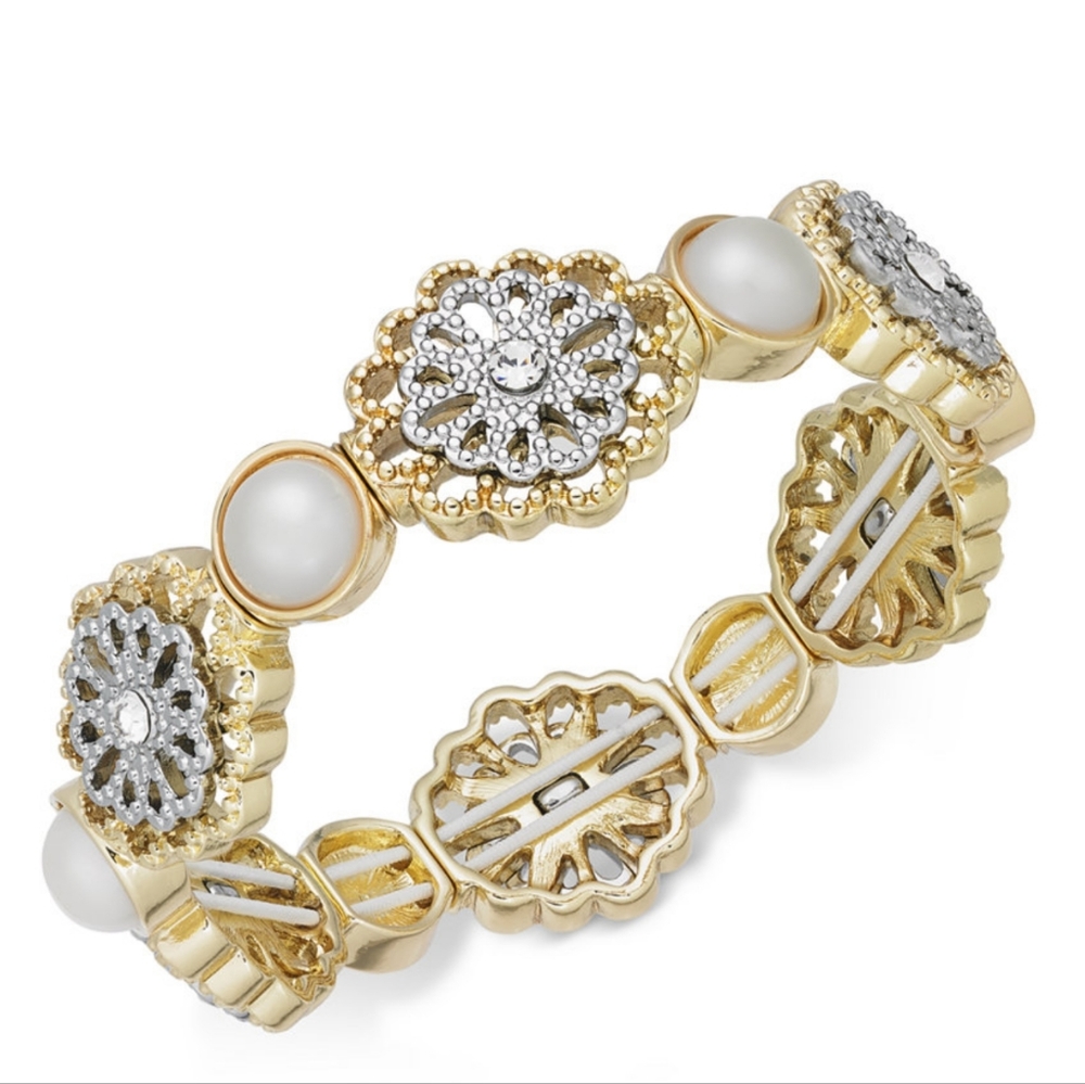 Charter Club Crystsal Filigree & Imitation Pearl Stretch Bracelet